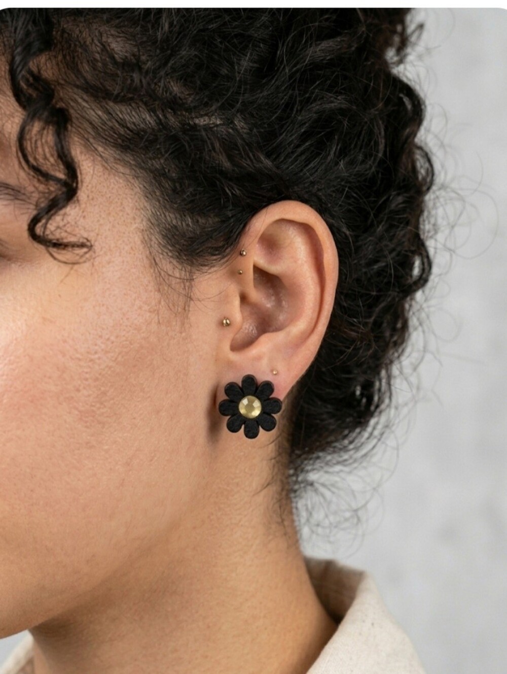 90's Influenced Black Flower Stud Earrings with Yellow Center - Women Jewelry
